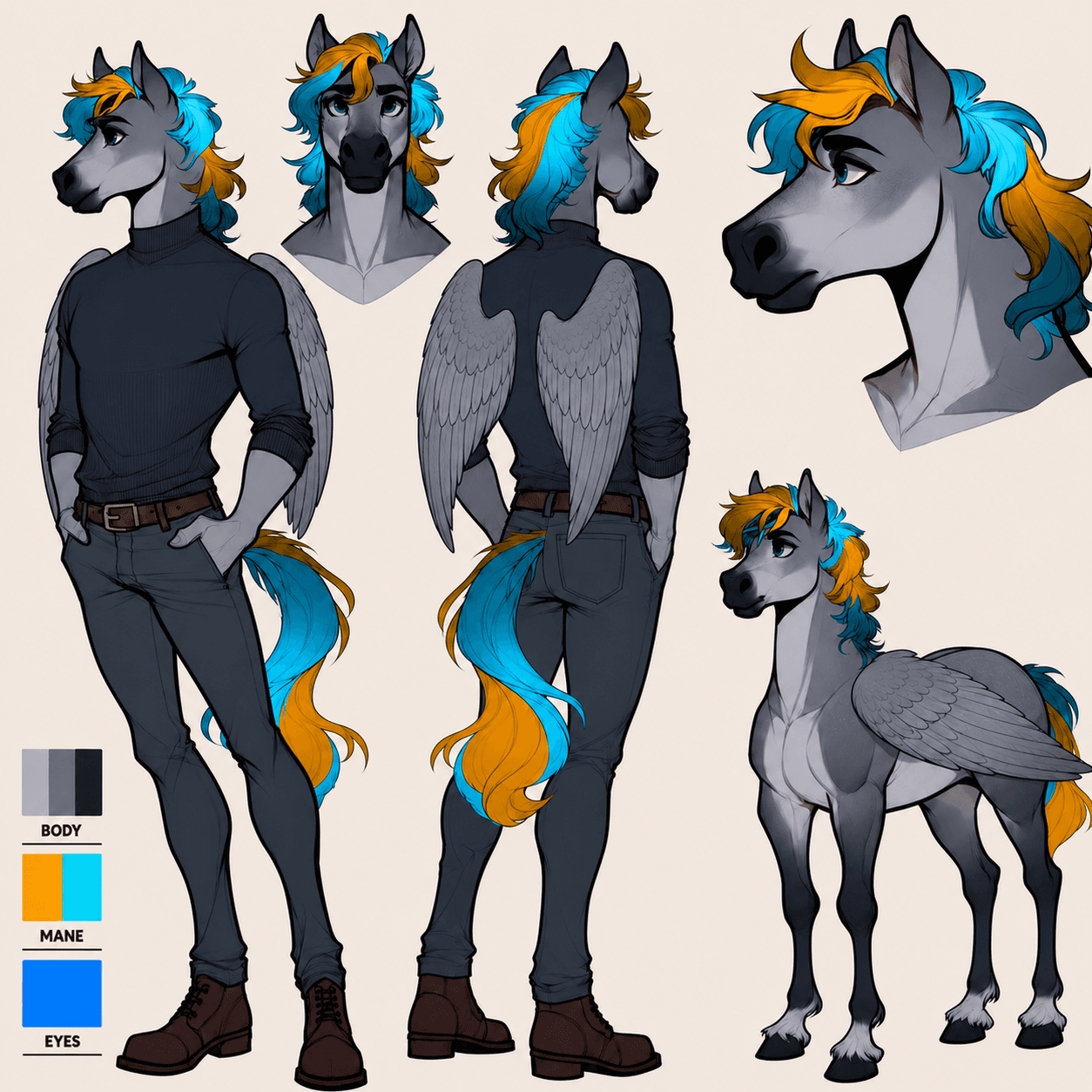 Reference sheet for Camelol's grey, cyan, and orange anthro horse pegasus fursona.